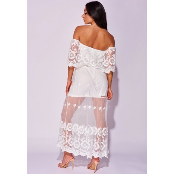 White Lace Short Sleeve Off Shoulder Tiered Maxi Dress - Picture 3 of 11